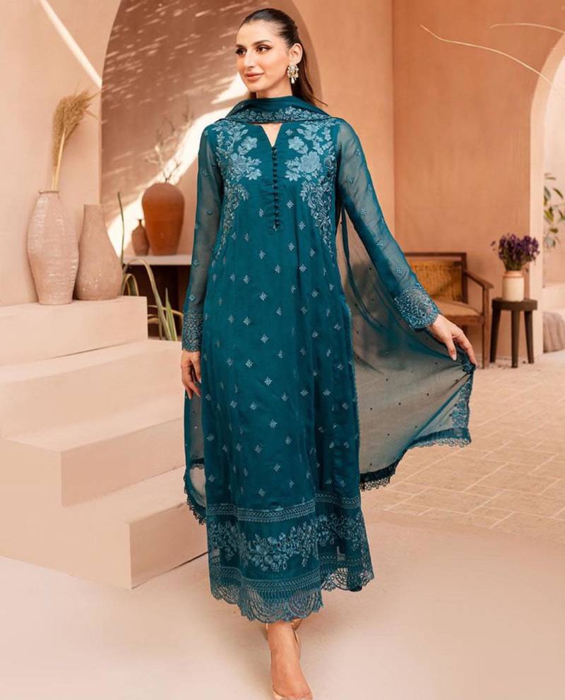 Teal-green georgette embroidered kurta set