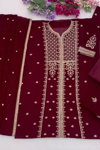 Maroon faux georgette embroidered palazzo set