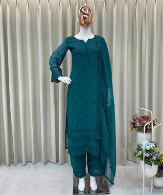 Teal-green georgette embroidered kurta set 2