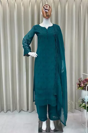 Teal-green georgette embroidered kurta set