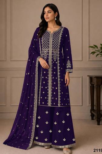 Purple faux georgette embroidered palazzo set