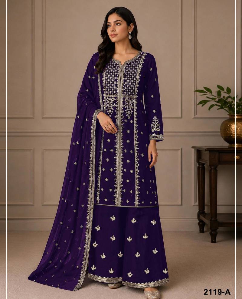 Purple faux georgette embroidered palazzo set