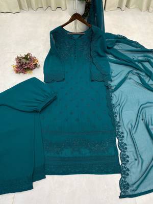 Teal-green georgette embroidered kurta set 3