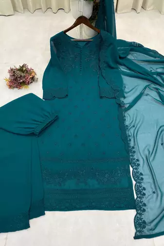 Teal-green georgette embroidered kurta set