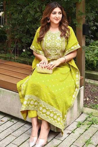 Green faux georgette embroidered KAFTAN set