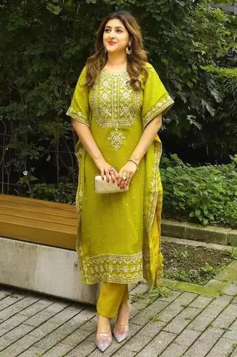 Green faux georgette embroidered KAFTAN set