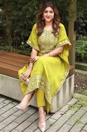 Green faux georgette embroidered KAFTAN set