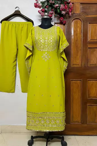 Green faux georgette embroidered KAFTAN set