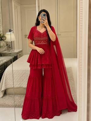 Red georgette thread embroidery sharara set 1