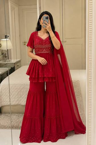 Red georgette thread embroidery sharara set