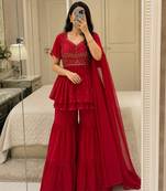 Red georgette thread embroidery sharara set
