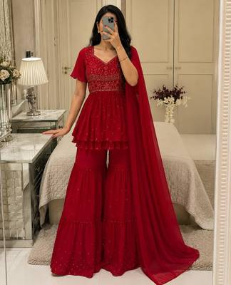 Red georgette thread embroidery sharara set 2