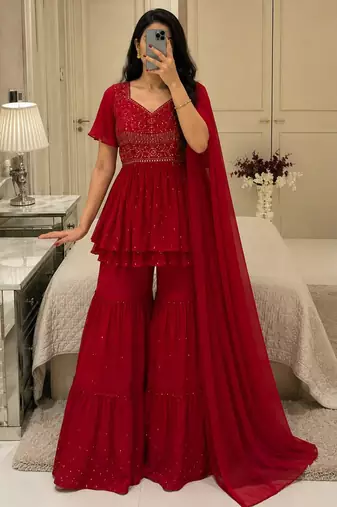 Red georgette thread embroidery sharara set