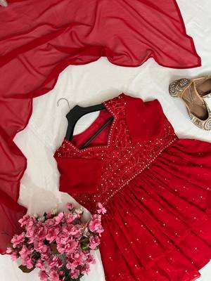 Red georgette thread embroidery sharara set 3
