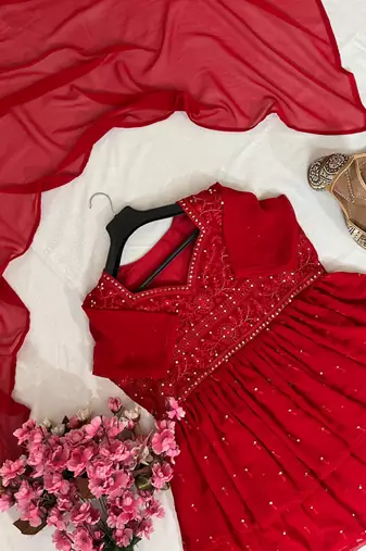 Red georgette thread embroidery sharara set