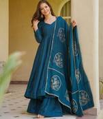 Teal-blue silk blend plain palazzo set