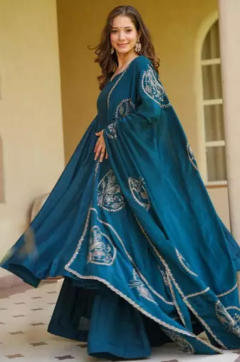 Teal-blue silk blend plain palazzo set