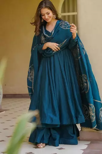 Teal-blue silk blend plain palazzo set