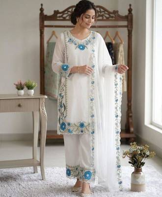 White faux georgette embroidered palazzo set 1