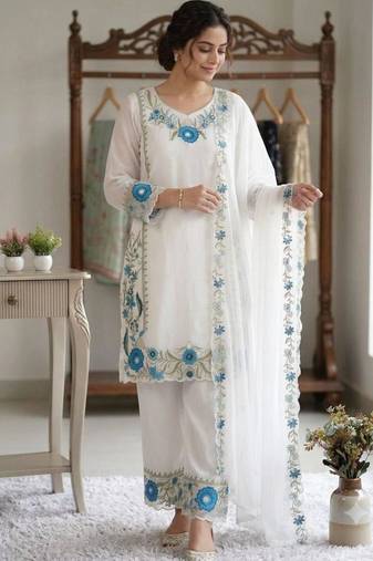 White faux georgette embroidered palazzo set