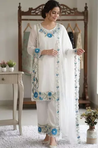 White faux georgette embroidered palazzo set