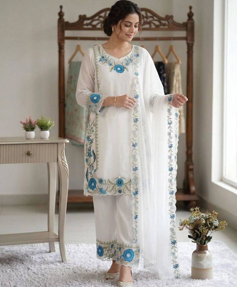 White faux georgette embroidered palazzo set