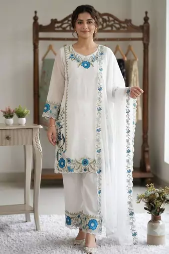 White faux georgette embroidered palazzo set
