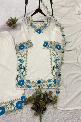 White faux georgette embroidered palazzo set