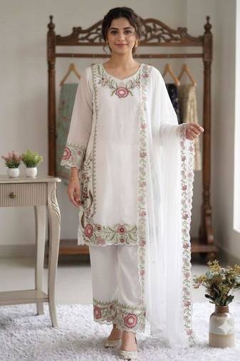 White faux georgette embroidered palazzo set