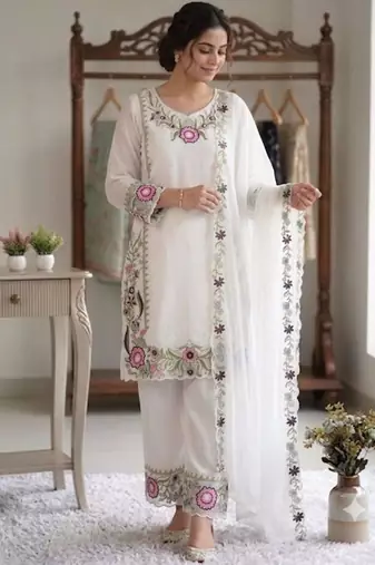 White faux georgette embroidered palazzo set