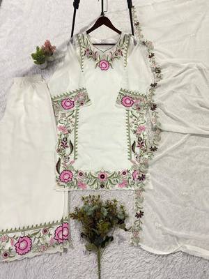 White faux georgette embroidered palazzo set 3