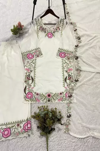 White faux georgette embroidered palazzo set
