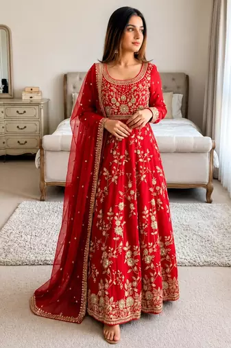 Red georgette embroidered flared gown set