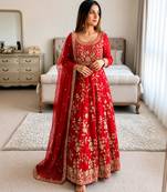 Red georgette embroidered flared gown set