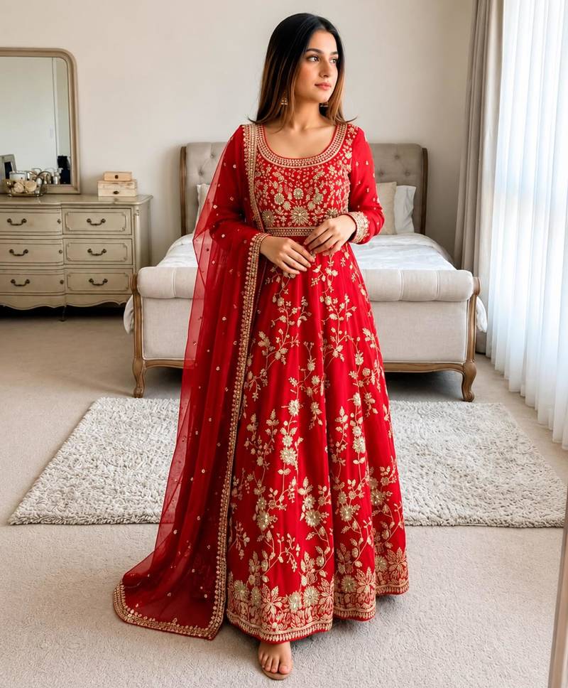Red georgette embroidered flared gown set