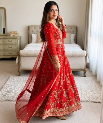 Red georgette embroidered flared gown set 2