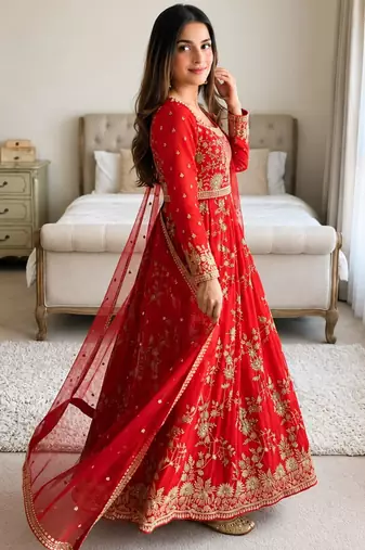 Red georgette embroidered flared gown set
