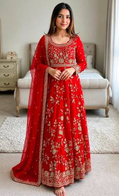 Red georgette embroidered flared gown set 3