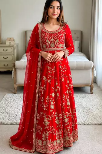 Red georgette embroidered flared gown set