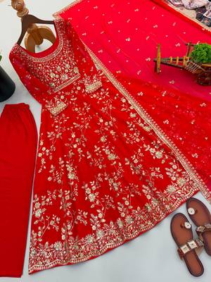 Red georgette embroidered flared gown set 4