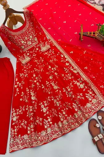 Red georgette embroidered flared gown set