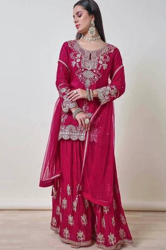 Rani-pink silk blend embroidered palazzo set