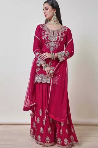 Rani-pink silk blend embroidered palazzo set