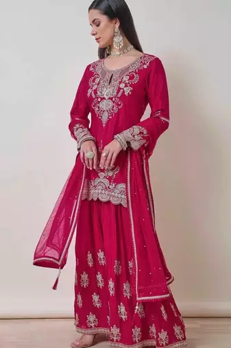 Rani-pink silk blend embroidered palazzo set