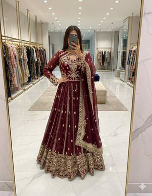 Maroon faux georgette embroidered flared gown set 1