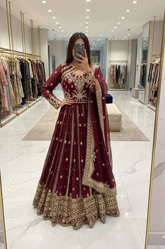 Maroon faux georgette embroidered flared gown set