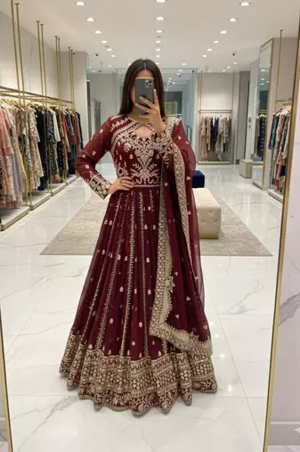 Maroon faux georgette embroidered flared gown set