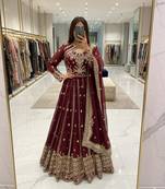 Maroon faux georgette embroidered flared gown set
