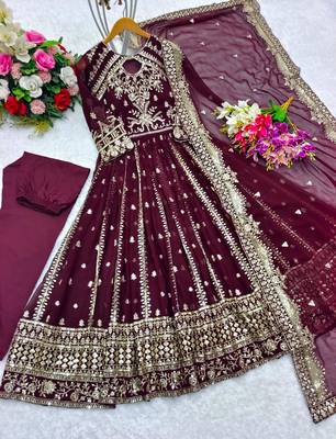 Maroon faux georgette embroidered flared gown set 2