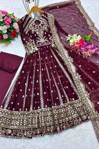 Maroon faux georgette embroidered flared gown set